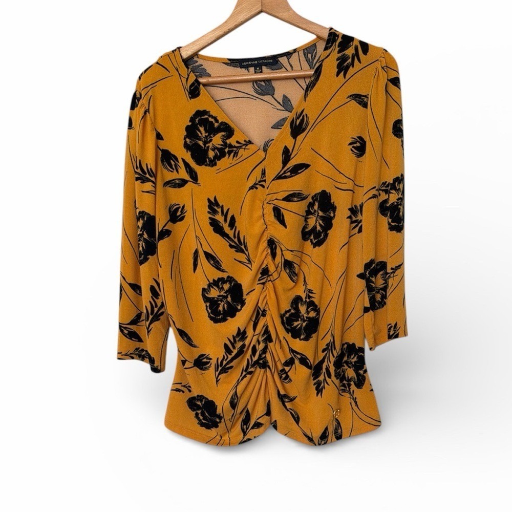 Adrienne Vittadini Blouse Women 1X Mustard Yellow Floral Ruched V Neck
